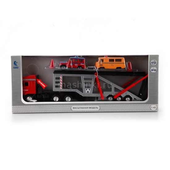 Изображение ТЕХНОПАРК 1/43 КАМАЗ-4308 автовоз с 2-мя машинами инерц. (свет, звук)