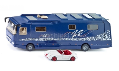 Изображение SIKU 1/50 Автобус-дом на колесах синий + машина в гараже