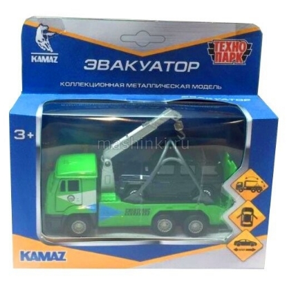 Изображение ТЕХНОПАРК Эвакуатор КАМАЗ 12 см зеленый + MERCEDES-BENZ G-Class 7,5 см