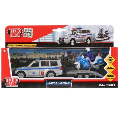 Изображение ТЕХНОПАРК MITSUBISHI Pajero Полиция 12 см серебристый + мотоцикл ДПС