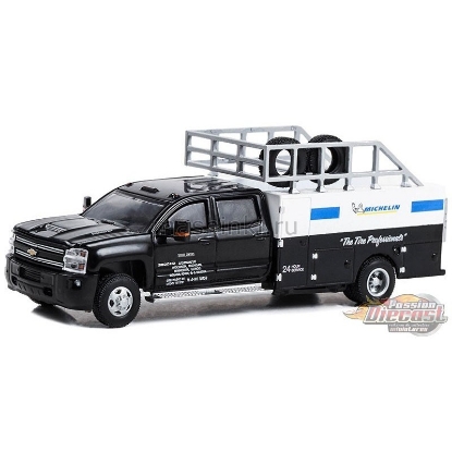 Изображение GREENLIGHT 1/64 CHEVROLET Silverado 3500 машина шиномонтажа Michelin 2018