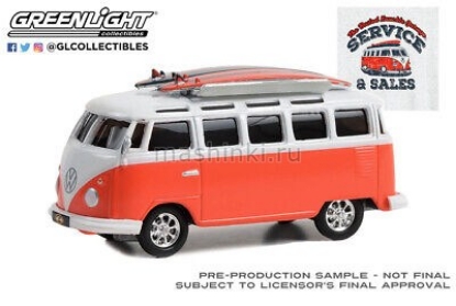 Изображение GREENLIGHT 1/64 VW T1 Samba Bus доски д/серфинга The Busted Knuckle Garage Service & Sales 1964 orange/white
