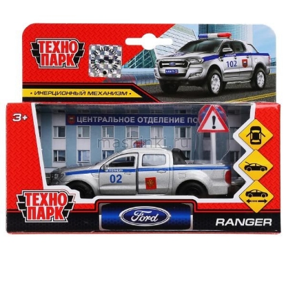 Изображение ТЕХНОПАРК FORD Ranger пикап Полиция 12 см серебристый + 2 дорожных знака