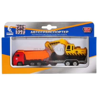 Изображение ТЕХНОПАРК КАМАЗ самосвал 7,5 см + экскаватор 7,5 см на прицепе