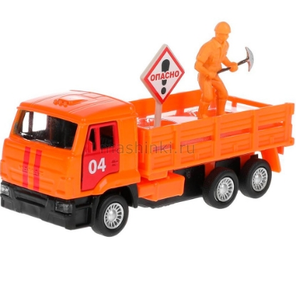 Изображение ТЕХНОПАРК КАМАЗ-65207 борт. 12 см оранж. + фигурка, знак