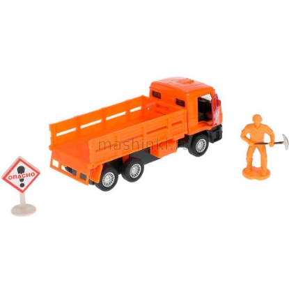 Изображение ТЕХНОПАРК КАМАЗ-65207 борт. 12 см оранж. + фигурка, знак