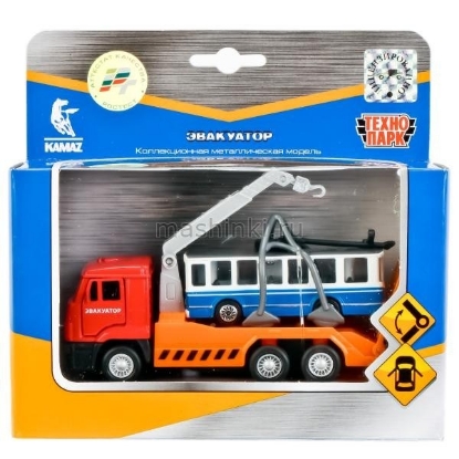 Изображение ТЕХНОПАРК КАМАЗ эвакуатор 12 см оранжевый + троллейбус 7,5 см