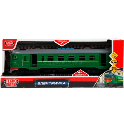 Изображение ТЕХНОПАРК Электричка 30 см (свет, звук, 4 кнопки) пластм. зеленый+желтая полоса откр. коробка