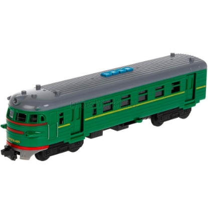 Изображение ТЕХНОПАРК Электричка 30 см (свет, звук, 4 кнопки) пластм. зеленый+желтая полоса откр. коробка