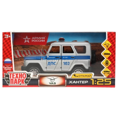 Изображение ТЕХНОПАРК 1/25 УАЗ/UAZ Хантер/Hunter Полиция 17 см (свет, звук, 6/6) серебристый