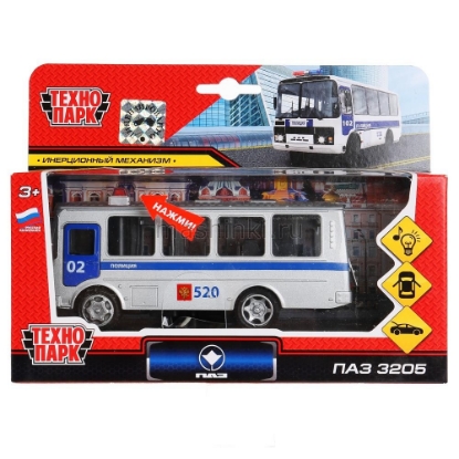 Изображение ТЕХНОПАРК Автобус ПАЗ-3205 Полиция 14 см (свет, звук) серебристый