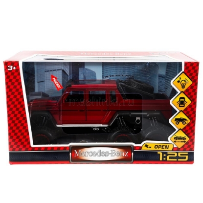 Изображение ТЕХНОПАРК 1/25 MERCEDES-BENZ G-Class трехосный пикап 23 см (свет, звук, открыв. 6/6) красный