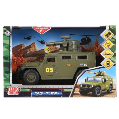 Изображение ТЕХНОПАРК ГАЗ ТИГР откр. двери и капот (свет, звук) пластм. хаки откр. коробка