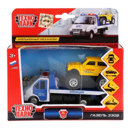 Изображение ТЕХНОПАРК ГАЗЕЛЬ эвакуатор 12 см + LADA 4х4 7,5 см желтый