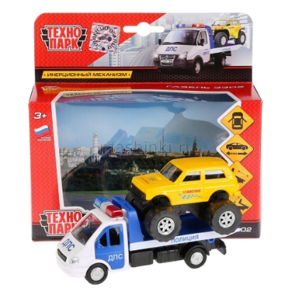 Изображение ТЕХНОПАРК ГАЗЕЛЬ эвакуатор 12 см + LADA 4х4 7,5 см желтый
