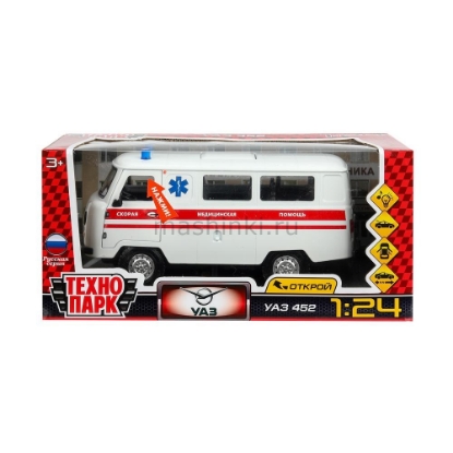 Изображение ТЕХНОПАРК 1/24 УАЗ-452 Скорая медпомощь 18,5 см (свет, звук, открыв. 4/5) металл. белый