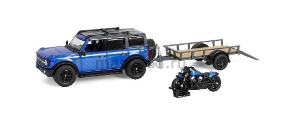 Изображение GREENLIGHT 1/64 FORD Bronco 4-двери 4x4 Black Diamond с прицепом и мотоциклом 2021 Velocity blue metallic/black