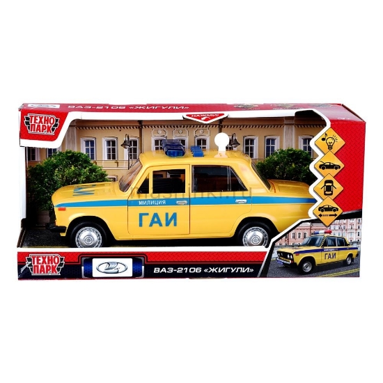 Изображение ТЕХНОПАРК ВАЗ-2106 LADA Милиция (свет, звук. откр. двери) пластм. желтый откр. коробка